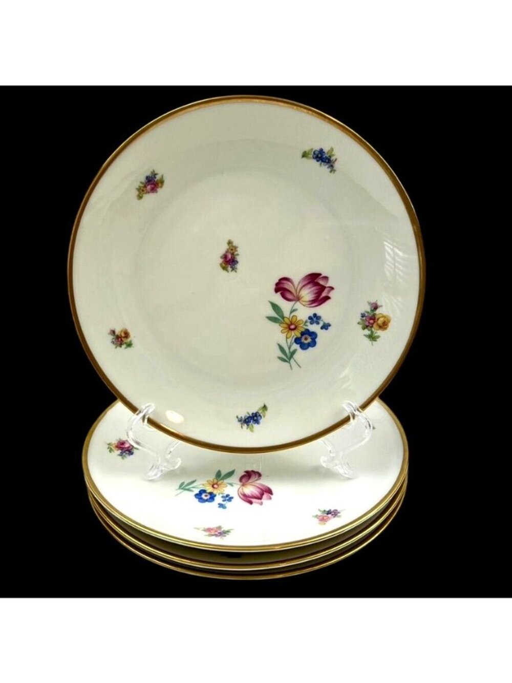 Vintage Hackefors Porslin Sweden 4 Dessert Bread Plates 32 Gold Trimmed Floral